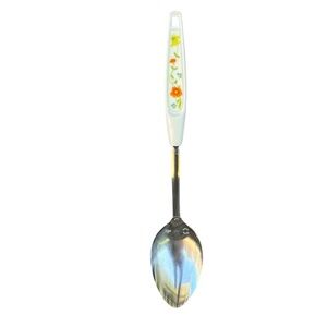 Vintage Foley Chrome Plated Serving Spoon Plastic Floral Handle USA Made 12.5”
